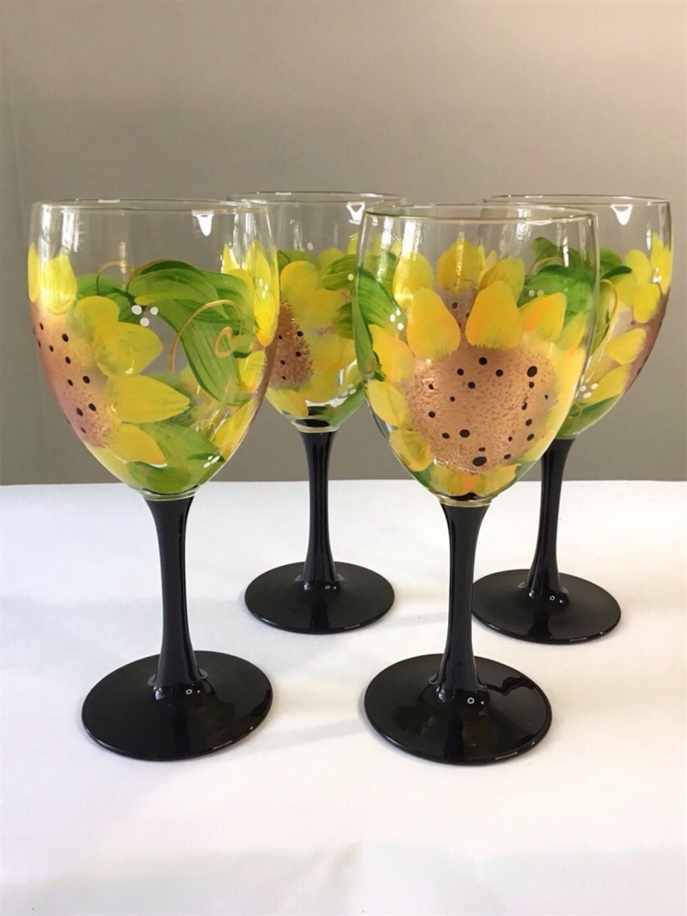 Sunflower Design Wine Glasses Set Of 4 Hand Painted Floral & Black Stemware